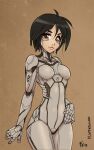  1girl 2019 ahoge alita android battle_angel_alita black_hair breasts brown_background brown_eyes completely_nude cowboy_shot cyborg english_commentary facial_mark fluff_kevlar joints lips looking_at_viewer metal_skin no_nipples nude petite robot_joints short_hair signature small_breasts solo standing 
