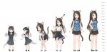  2girls :d :o absurdres aina_(mao_lian) animal_ear_fluff animal_ears arms_at_sides bag bare_arms bare_shoulders black_bow black_dress black_footwear black_hair black_neckwear black_skirt blue_bow blue_eyes blue_footwear blue_neckwear blue_vest blush book bow bowtie brown_footwear brown_hair cat_ears cat_tail child closed_mouth collared_shirt dot_nose dragon_girl dragon_horns dragon_tail dragon_wings dress from_behind full_body hands_on_own_knees height_chart high-waist_skirt highres holding holding_book horns long_hair looking_at_viewer looking_back mao_lian_(nekokao) miniskirt multiple_girls multiple_views musical_note open_mouth original pigeon-toed pleated_skirt pointy_ears pouch shirt shoes sideways_glance skirt sleeveless sleeveless_shirt slit_pupils smile standing tail tail_raised very_long_hair vest white_shirt wind wind_lift wing_collar wings 