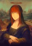  1girl alternate_costume braid chainsaw_man closed_mouth fine_art_parody halo highres keibleh long_hair looking_at_viewer makima_(chainsaw_man) meme mona_lisa parody red_hair ringed_eyes signature simple_background sitting smile solo yellow_eyes 