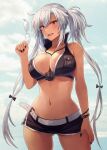 1girl between_breasts bikini black_bikini black_nails blush bracelet breasts brown_eyes cleavage collarbone commentary cowboy_shot fingernails grey_hair groin hair_between_eyes highres holding holding_eyewear jewelry kantai_collection kasumi_(skchkko) large_breasts long_hair musashi_(kancolle) nail_polish navel necklace official_alternate_costume open_mouth solo stomach swimsuit two_side_up 
