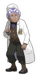  1boy :&lt; absurdres artist_request black_neckwear black_pants bow bowtie brown_footwear brown_vest buttons closed_mouth coat dark-skinned_male dark_skin facial_hair full_body hand_up hat highres labcoat laventon_(pokemon) male_focus official_art open_clothes open_coat outline pants pinstripe_pattern pocket pointing pointing_at_viewer pokemon pokemon_(game) pokemon_legends:_arceus purple_eyes purple_headwear purple_shirt shirt shoes solo standing striped transparent_background vest white_coat white_outline 