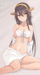  1girl bikini black_hair breasts cleavage collarbone commentary_request dated gensoukitan grey_background hair_ornament hairclip haruna_(kancolle) highres kantai_collection long_hair looking_at_viewer medium_breasts navel one-hour_drawing_challenge sarong sitting solo swimsuit twintails white_bikini white_sarong yokozuwari 
