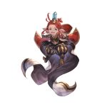  1girl black_footwear black_gloves black_pants blue_eyes blush boots cape dark-skinned_female dark_skin fangs full_body funf gem gloves granblue_fantasy harvin long_hair official_art open_mouth pants pointy_ears puffy_pants red_hair smile solo transparent_background 