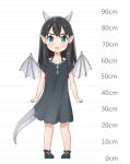  1girl :o arms_at_sides black_dress black_footwear black_hair blue_eyes blush child dot_nose dragon_girl dragon_horns dragon_tail dragon_wings dress full_body height_chart highres horns long_hair looking_at_viewer mao_lian_(nekokao) open_mouth original pigeon-toed pointy_ears slit_pupils solo standing tail wings 