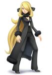  1girl absurdres black_coat black_pants black_shirt blonde_hair closed_mouth coat cynthia_(pokemon) english_commentary full_body fur-trimmed_coat fur-trimmed_jacket fur-trimmed_sleeves fur_collar fur_trim grey_eyes hair_ornament hair_over_one_eye highres jacket long_hair official_art pants pokemon pokemon_(game) pokemon_bdsp shirt simple_background solo very_long_hair white_background 