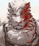  1boy animal_ears arknights black_tank_top blood blood_on_face chain_necklace face frown furry furry_male highres hinokumo_f looking_at_viewer male_focus mountain_(arknights) portrait scar scar_across_eye short_hair solo tank_top tiger_boy tiger_ears white_fur white_hair 