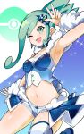  1girl ;d arm_warmers armpits crop_top earrings green_eyes green_hair hair_ornament happy highres idol jewelry lisia_(pokemon) looking_at_viewer midriff navel one_eye_closed open_mouth poke_ball_symbol pokemon pokemon_(game) pokemon_oras shorts shorts_under_skirt showgirl_skirt single_thighhigh smile solo sparkle striped striped_legwear synchroman thighhighs w 