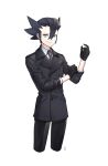  1boy adjusting_sleeves alternate_costume bangs black_coat black_gloves black_hair black_pants blue_eyes buttons closed_mouth coat collared_shirt commentary_request gloves grimsley_(pokemon) hair_between_eyes korean_commentary male_focus mongguri necktie pants pokemon pokemon_(game) pokemon_bw shirt simple_background smile solo spiked_hair white_background white_shirt 
