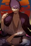  1boy bangs belt black_belt clenched_teeth collarbone commentary_request danganronpa_(series) danganronpa_v3:_killing_harmony facial_hair goatee grin hair_between_eyes hand_up highres holding holding_pipe indian_style jacket jacket_on_shoulders japanese_clothes long_sleeves looking_at_viewer male_focus momota_kaito pipe purple_hair red_background shiny shiny_hair sitting smile solo suurin_(ksyaro) teeth 