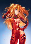  1girl arm_up artist_name ass_visible_through_thighs bangs blue_background blue_eyes bodysuit breasts commentary commission contrapposto covered_navel cowboy_shot english_commentary evangelion:_3.0+1.0_thrice_upon_a_time eyebrows_visible_through_hair gloves gradient gradient_background groin hair_between_eyes hand_on_hip head_tilt highres interface_headset lena_dai long_hair looking_at_viewer medium_breasts neon_genesis_evangelion nipples one_breast_out orange_hair parted_lips petals plugsuit rebuild_of_evangelion red_bodysuit red_gloves shiny shiny_clothes shiny_hair shiny_skin signature solo souryuu_asuka_langley standing torn_bodysuit torn_clothes two_side_up 