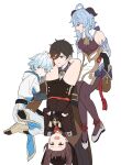  2boys 2girls :d absurdly_long_hair absurdres ahoge aqua_eyes aqua_hair bangs bell black_hair blue_hair brown_eyes carrying_over_shoulder carrying_person chinese_clothes chongyun_(genshin_impact) detached_sleeves eyebrows_visible_through_hair ganyu_(genshin_impact) genshin_impact gradient_hair hair_between_eyes hat hayarob highres horns hu_tao_(genshin_impact) long_hair long_sleeves looking_at_viewer multicolored_hair multiple_boys multiple_girls neck_bell open_mouth red_eyes sidelocks simple_background sketch smile sweat twintails v-shaped_eyebrows very_long_hair white_background zhongli_(genshin_impact) 