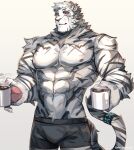  1boy abs animal_ears arknights bara black_male_underwear boxers bulge coffee_mug cup feet_out_of_frame furry furry_male graysheartart highres holding holding_cup large_pectorals looking_at_viewer male_focus male_underwear mountain_(arknights) mug muscular muscular_male navel navel_hair nipples pectorals scar scar_across_eye short_hair smile solo steam stomach tiger_boy tiger_ears underwear underwear_only white_fur white_hair 