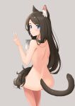  1girl aina_(mao_lian) animal_ear_fluff animal_ears ass blue_eyes blush brown_hair cat_ears cat_tail closed_mouth completely_nude from_behind from_side grey_background hand_up highres holding invisible_chair long_hair looking_at_viewer looking_back mao_lian_(nekokao) nude original simple_background sipping sitting smile solo tail v very_long_hair 