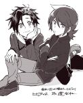  2boys blush closed_mouth crossed_legs ethan_(pokemon) eyebrows_visible_through_hair frown gensi high_collar jacket looking_at_viewer lying male_focus medium_hair monochrome multiple_boys on_stomach pokemon pokemon_(game) pokemon_hgss short_hair sidelocks silver_(pokemon) sitting sketch smile 