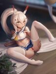  1girl anal anal_beads anal_object_insertion arm_support ayanami_(azur_lane) azur_lane bangs belt blurry blurry_background censored clothes_lift collarbone commentary_request depth_of_field eyebrows_visible_through_hair feet hair_between_eyes hair_ornament hairclip hand_on_own_thigh headgear light_particles long_hair looking_away midriff mosaic_censoring navel object_insertion orange_eyes pleated_skirt ponytail pussy retrofit_(azur_lane) sarena school_uniform serafuku sex_toy sidelocks silver_hair sitting skirt skirt_lift solo spread_legs thighhighs underwear white_legwear wide-eyed wind_chime wooden_floor zettai_ryouiki 