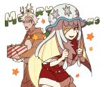  1boy 1girl alternate_costume blonde_hair box buttons capelet character_doll christmas christmas_lights commentary dress eyelashes fake_horns gen_2_pokemon gen_7_pokemon green_eyes guzma_(pokemon) hair_over_one_eye hairband holding holding_box horns long_hair looking_at_viewer lusamine_(pokemon) merry_christmas nihilego onesie open_mouth pokemon pokemon_(game) pokemon_sm red_capelet red_dress short_dress smile ssalbulre stantler star_(symbol) themed_object tongue ultra_beast white_hair 