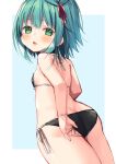  1girl adjusting_clothes adjusting_swimsuit asa_no_ha_(awayuki) ass bikini black_bikini blue_background blush breasts butt_crack from_behind green_eyes green_hair highres looking_back maid_bikini open_mouth original short_hair side-tie_bikini simple_background small_breasts solo swimsuit thighs 