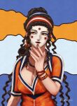  1girl absurdres bangs black_hair bracelet breasts capelin_s cleavage facepaint hand_up highres jewelry large_breasts long_hair necklace orange_eyes original shadow solo twitter_username 