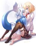  2girls animal_ear_fluff animal_ears bangs barefoot between_breasts between_legs blonde_hair blue_eyes blue_hair blue_hoodie blush breasts brown_legwear brown_skirt cat_ears closed_mouth collared_shirt commentary eye_contact eyebrows_visible_through_hair face-to-face feet fish_tail fuyouchu gawr_gura hair_between_eyes hair_ornament hand_on_another&#039;s_head head_between_breasts hololive hololive_english hood hoodie kneeling long_sleeves looking_at_another monocle_hair_ornament multicolored_hair multiple_girls necktie one_side_up plaid plaid_skirt pleated_skirt profile puffy_long_sleeves puffy_sleeves red_neckwear shadow shark_hair_ornament shark_tail shirt sitting skirt smile soles split_mouth streaked_hair tail tail_raised thigh_strap thighhighs toes twitter_username virtual_youtuber watson_amelia white_hair white_shirt wide_sleeves yuri 