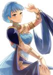  1girl absurdres alternate_costume arm_up armlet armor blue_dress blue_hair blush bracelet braid brown_eyes closed_mouth commentary_request crown_braid dancer dancer_(three_houses) dress earrings eyebrows_visible_through_hair fire_emblem fire_emblem:_three_houses fire_emblem_heroes highres jewelry kaerukeroro1 leg_up looking_at_viewer marianne_von_edmund official_alternate_costume pppepetps shawl short_hair shoulder_armor simple_background sleeveless sleeveless_dress smile solo white_background 