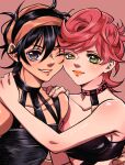  1boy 1girl androgynous black_hair blush green_eyes hairband highres jojo_no_kimyou_na_bouken looking_at_viewer makeup messy_hair narancia_ghirga pink_hair purple_eyes rii_(ri_jjriri) simple_background trish_una vento_aureo 