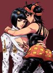  2boys androgynous black_hair blue_eyes bob_cut bruno_buccellati formal hair_ornament hairband highres jojo_no_kimyou_na_bouken male_focus messy_hair multiple_boys narancia_ghirga rii_(ri_jjriri) short_hair simple_background skin_tight skirt suit vento_aureo zipper 