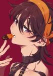  1boy adam&#039;s_apple androgynous black_hair blush chocolate choker collarbone commentary_request food from_side fruit hair_between_eyes hairband highres jojo_no_kimyou_na_bouken looking_at_viewer messy_hair narancia_ghirga orange_(fruit) orange_slice orangette purple_eyes rii_(ri_jjriri) short_hair sideways_glance simple_background solo teeth teeth_hold upper_body vento_aureo 