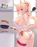  1girl :p absurdres animal_ear_fluff animal_ears apron ass bangs blonde_hair blush breasts cat_ears cat_tail cooking eyebrows_visible_through_hair fire food frying_pan highres large_breasts leg_garter long_hair looking_at_viewer looking_back nearly_naked_apron no_pants nottytiffy original pancake panties patreon_username ponytail red_eyes side-tie_panties sideboob slit_pupils smile solo spatula stove tail tiffy_(nottytiffy) tongue tongue_out underwear watermark web_address 