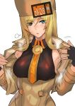  1girl ashiomi_masato blonde_hair blue_eyes breasts fingerless_gloves gloves guilty_gear guilty_gear_strive hat long_hair looking_at_viewer millia_rage simple_background solo sweat white_background 