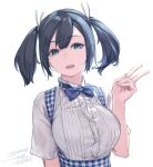  1girl alternate_costume apron bangs blue_apron blue_eyes blue_hair blue_neckwear breasts commentary_request dated eyebrows_visible_through_hair gingham gingham_apron hair_ribbon highres kantai_collection kobeya_uniform large_breasts looking_at_viewer one-hour_drawing_challenge open_mouth ribbon rokuwata_tomoe short_sleeves sidelocks simple_background solo souryuu_(kancolle) twintails twitter_username upper_teeth v white_background 
