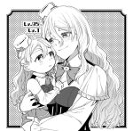  2girls baby bangs blush braid breasts carrying detached_sleeves french_braid greyscale hair_between_eyes hat holding holding_baby kantai_collection level_difference long_hair long_sleeves mini_hat monochrome multiple_girls parted_lips pola_(kancolle) simple_background smile tanaka_io_(craftstudio) upper_body wavy_hair younger zara_(kancolle) 