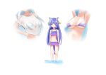  .live 2girls animal_ears annoyed blue_hair breast_envy breasts cleavage collarbone commentary_request hair_ornament head_out_of_frame highres large_breasts multiple_girls purple_eyes purple_hair rurun_rururica simple_background small_breasts solo_focus swimsuit virtual_youtuber wet wet_clothes white_background wolf_ears yamato_iori 