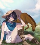  1girl black_hair blue_eyes brown_footwear brown_headwear cape capelin_s cloud cloudy_sky flower full_body grass hat highres horse knees_up looking_at_viewer original outdoors short_hair sitting sky sleeveless smile solo white_flower 