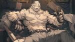  1boy abs animal_ears arknights bara belt black_belt bulge chest_hair couch feet_out_of_frame fingerless_gloves fluffy furry furry_male gloves grey_pants highres large_pectorals male_focus mao_ten_go mountain_(arknights) muscular muscular_male navel no_nipples pants pectorals revision scar scar_across_eye shirtless short_hair sitting solo spread_legs tail tiger_boy tiger_ears tiger_stripes tiger_tail white_fur white_hair 