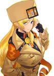  1girl ashiomi_masato blonde_hair blue_eyes breasts fingerless_gloves fur_hat gloves guilty_gear guilty_gear_strive hat long_hair looking_at_viewer millia_rage simple_background smile solo ushanka white_background 