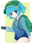  1girl bag bangs blue_eyes blue_hair blue_shirt blue_sleeves blue_swimsuit blush border breasts cellphone collar eyebrows_visible_through_hair green_background green_bag green_headwear hand_up hat highres kawashiro_nitori key key_necklace long_sleeves looking_down medium_breasts open_mouth phone pocket rei_(tonbo0430) school_swimsuit shirt short_hair short_twintails smartphone solo standing swimsuit touhou twintails white_border 