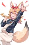  1girl absurdres ahoge alternate_costume animal_ear_fluff animal_ears bangs blonde_hair blue_shirt blush bow braid commentary fangs finger_gun fox_ears fox_girl fox_tail hair_between_eyes hair_bow highres holofive hololive kiwwwwwi looking_at_viewer medium_hair omaru_polka one_eye_closed overalls purple_eyes red_bow shirt simple_background solo standing standing_on_one_leg striped striped_shirt tail virtual_youtuber white_background 