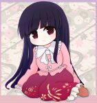  1girl bangs belt black_background black_flower black_hair blouse blush border bow bowtie brown_eyes chibi closed_mouth collar eyebrows_visible_through_hair floral_background flower houraisan_kaguya lily_(flower) long_hair long_sleeves looking_at_viewer multicolored multicolored_background orange_footwear pink_background pink_blouse pink_border pink_flower pink_sleeves purple_background purple_border red_skirt rei_(tonbo0430) seiza shadow shoes sitting skirt smile solo touhou very_long_hair white_background white_belt white_bow white_flower white_neckwear 