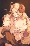  1girl animal_ears blonde_hair breasts cleavage curled_horns dark_background hand_on_own_chin hand_on_own_face highres horns long_hair looking_at_viewer mole mole_under_mouth off-shoulder_sweater off_shoulder original ribbed_sweater sheep sheep_ears sheep_girl sheep_horns sitting smile solo sweater velahka very_long_hair yellow_eyes 