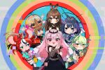  6+girls :3 :d :t animal_ears black_gloves black_hair blue_eyes brown_eyes brown_hair cape ceres_fauna chibi commentary dark-skinned_female dark_skin eyebrows_visible_through_hair gloves green_hair hakos_baelz hands_clasped highres holocouncil hololive hololive_english horns long_hair mori_calliope mouse_ears multicolored_hair multiple_girls nanashi_mumei open_mouth ouro_kronii own_hands_together pink_hair pout red_eyes red_hair savi_(byakushimc) short_hair smile tsukumo_sana twitter_username veil yellow_eyes 