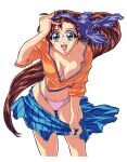  1990s_(style) 1girl asymmetrical_bangs bangs blue_skirt breasts brown_hair cleavage clothes_pull covered_nipples gotou_keiji hairband hand_on_own_head large_breasts long_hair looking_at_viewer navel open_mouth original panties photoshop_(medium) pink_panties retro_artstyle rimless_eyewear round_eyewear simple_background skirt skirt_pull sleeves_past_elbows solo striped striped_skirt underwear very_long_hair white_background 