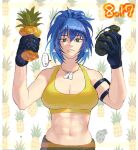  1girl abs armlet bare_shoulders blue_hair bomb breasts cleavage commentary dated dog_tags earrings explosive food fruit fruit_background gloves green_eyes grenade gun jewelry leona_heidern muscular muscular_female pineapple ponytail poppopopqqq pun solo tank_top the_king_of_fighters the_king_of_fighters_xiv the_king_of_fighters_xv triangle_earrings weapon yellow_tank_top 