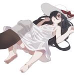  1boy 1girl barefoot black_hair blush bow_(bhp) breasts dress gigantic_penis hair_over_one_eye hands_up hat hat_ribbon imminent_penetration long_dress long_hair lying on_back one_eye_covered original parted_lips penis penis_under_another&#039;s_clothes petite red_eyes red_ribbon ribbon simple_background small_breasts solo_focus spread_legs sun_hat sundress white_background white_dress white_headwear 