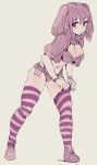  1girl adjusting_clothes adjusting_legwear blush bow_(bhp) breasts cleavage closed_mouth cropped_shirt grey_background large_breasts looking_at_viewer monochrome navel open_clothes open_shirt original panties pink_theme purple_eyes shoes simple_background solo striped striped_legwear thighhighs twintails underwear 