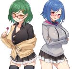  2girls :d absurdres arm_under_breasts bangs bespectacled blue_hair blue_neckwear blush breasts cleavage collarbone collared_shirt crossed_arms dolphin_hair_ornament dress_shirt earrings fang glasses grey_hoodie grin hair_ornament hairclip highres hood hoodie jacket jewelry kitakouji_hisui large_breasts long_sleeves looking_at_viewer miniskirt mole mole_on_thigh multiple_girls naughty_face necktie nijisanji nishizono_chigusa open_mouth plaid_neckwear pleated_skirt print_hoodie purple_eyes school_uniform shirt short_hair simple_background skin_fang skirt smile thighhighs tyoko_tanuki16 virtual_youtuber white_background yellow_eyes 