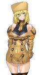  1girl ashiomi_masato black_legwear blonde_hair blue_eyes breasts covered_navel fur_hat guilty_gear guilty_gear_strive hat long_hair looking_at_viewer millia_rage pantyhose simple_background solo ushanka white_background 