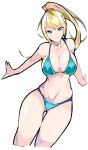  1girl bangs bikini blonde_hair blue_bikini blue_eyes breasts closed_mouth enpe eyebrows_visible_through_hair feet_out_of_frame highres large_breasts long_hair metroid mole mole_under_mouth navel ponytail samus_aran simple_background smile solo swimsuit white_background 