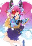  1girl bare_shoulders bell black_gloves blue_hair candy_apple cleo_(dragalia_lost) covering_mouth dragalia_lost food gloves gradient_hair hair_bell hair_ornament hairband hand_over_own_mouth hand_up highres japanese_clothes jingle_bell kimono long_hair looking_at_viewer multicolored_hair pink_eyes pink_hair sandals simple_background solo thighs twintails upper_body white_background xiafei97 yukata 