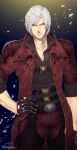  1boy belt closed_mouth coat dante_(devil_may_cry) devil_may_cry_(series) devil_may_cry_4 facial_hair gloves highres jacket male_focus murata_tefu simple_background solo white_hair zipper 