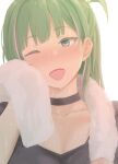  1girl :d blue_eyes blush breasts choker cleavage gomu_(chewinggom) green_hair highres idoly_pride komiyama_ai looking_at_viewer one_eye_closed one_side_up open_mouth simple_background smile solo sweat towel towel_around_neck upper_body white_background white_choker wiping_face 